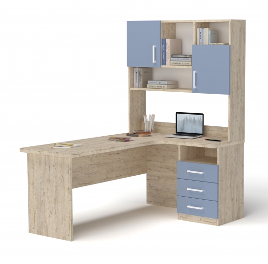 Стіл кутовий з надбудовою Дуб Шервуд з Блакитним