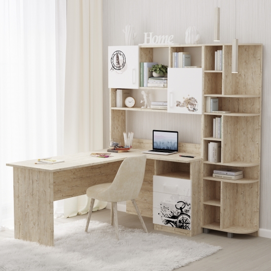 Стіл кутовий з надбудовою та екером Дуб Шервуд + малюнок