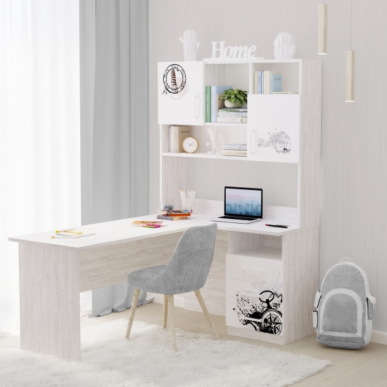 Стіл кутовий з надбудовою Аляска + Білий з малюнкoм