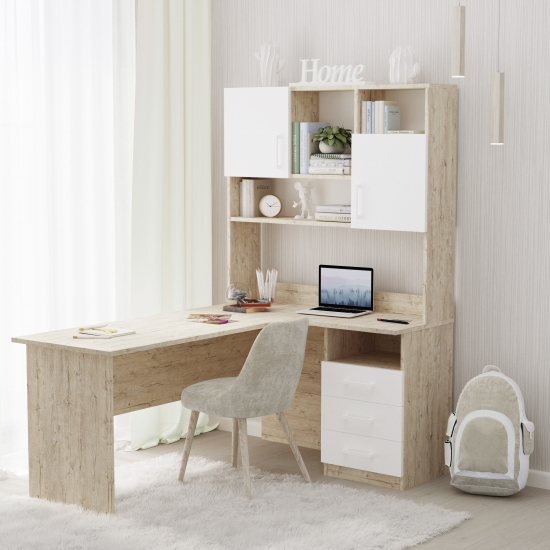 Кутовий стіл з надбудовою Дуб Шервуд з білим