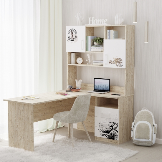 Стіл кутовий з надбудовою Дуб Шервуд з малюнком