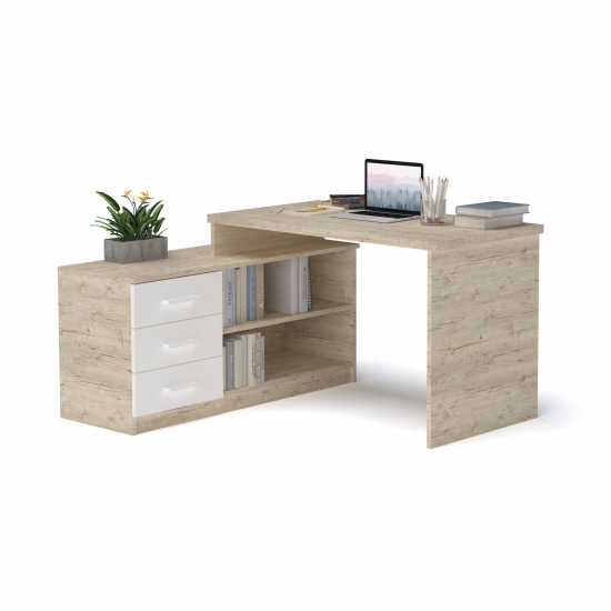 Стіл кутовий з тумбою Дуб Шервуд + Білий