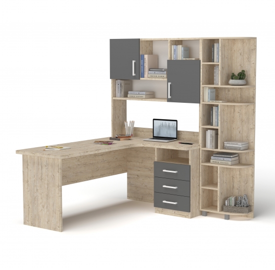 Стіл кутовий з надбудовою та еркером Дуб Шервуд + Графіт