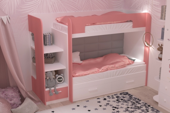 Двухъярусная кровать с мягкой спинкой белая с розовым Фото №3