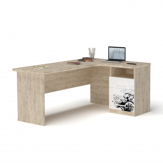 Стіл кутовий Дуб Шервуд + Білий + Малюнок