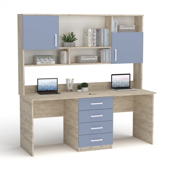 Стіл подвійний з надбудовою Дуб Шервуд з Блакитним