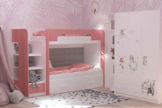 Двухъярусная кровать с мягкой спинкой белая с розовым Фото №2