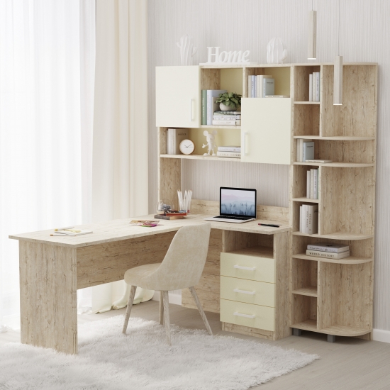 Стіл кутовий з надбудовою та еркером Дуб Шервуд + Ваніль