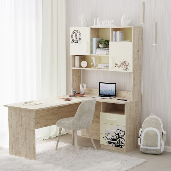 Стіл кутовий з надбудовою Дуб Шервуд + Ваніль